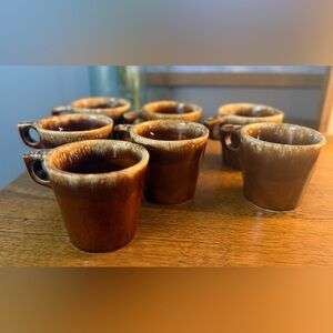 Vintage Hull Pottery Brown Drip Glaze Coffee Mugs Set of 7 Oven Proof USA